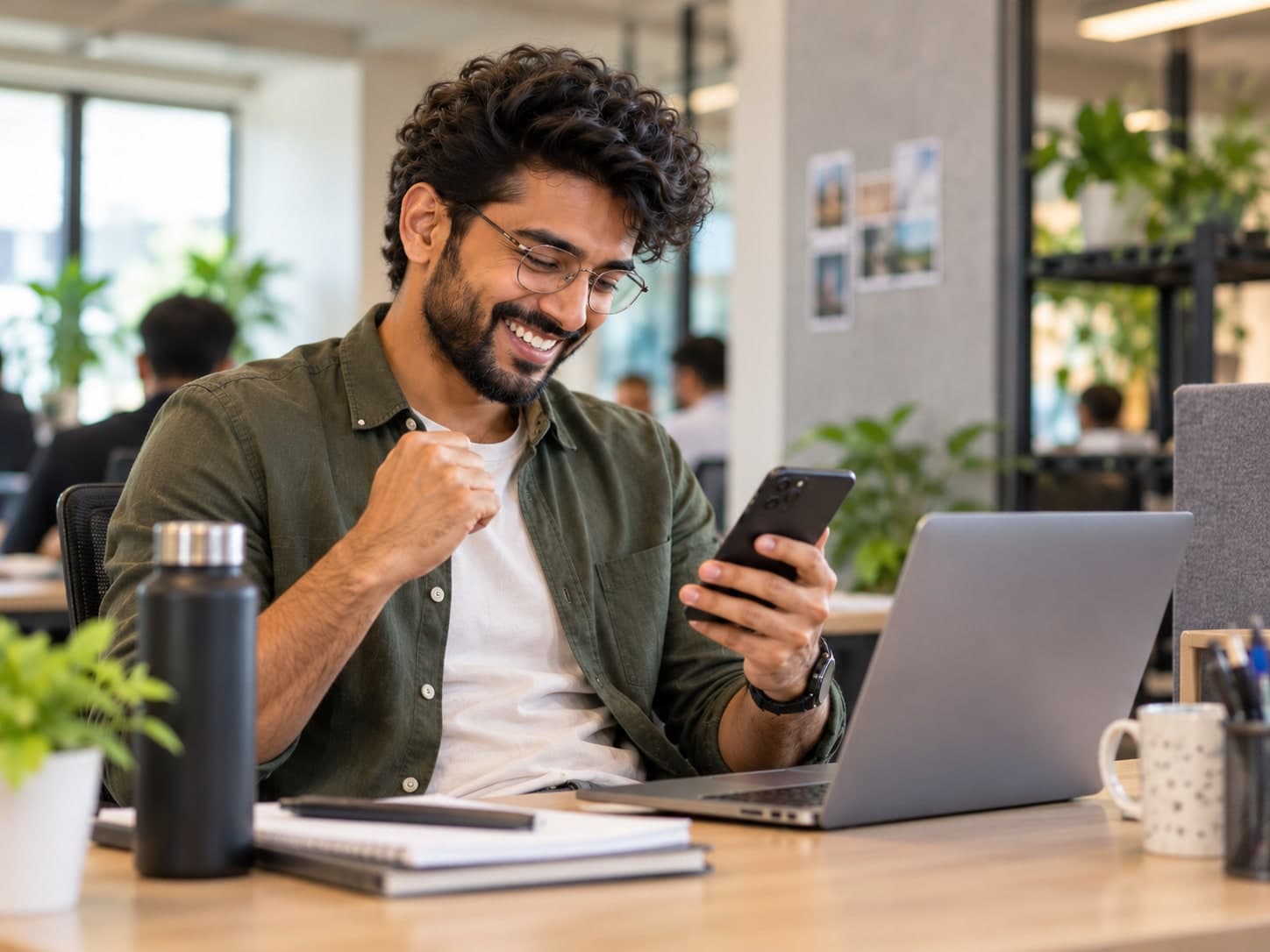 A professional smiling as he reads a shortlisting email on his phone